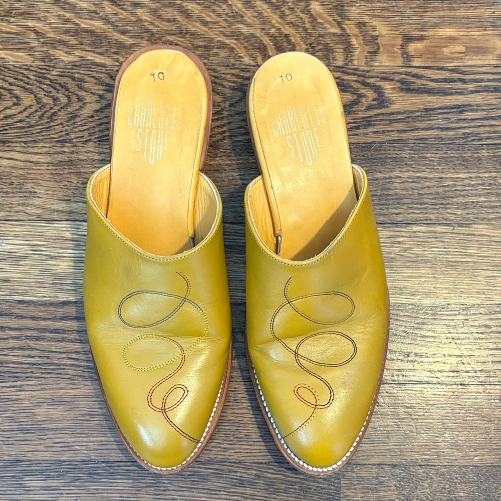 Yellow Leather Mules with Embroidery